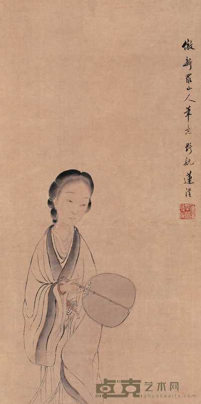 莲溪 携扇仕女图 立轴 69×34cm